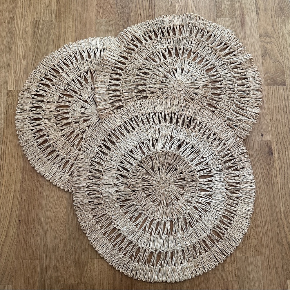 Set of 3 Round Boho Wicker Rattan Neutral Woven Raffia Wall Decor 16"